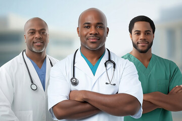 Fototapeta premium Three male healthcare professionals pose confidently in a modern medical setting