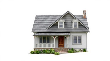 Charming Cottage House with Gray Roof and White Walls, Perfect for Cozy Living or Real Estate Marketing