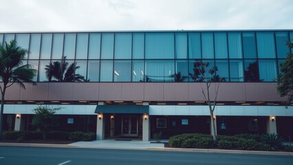 Naklejka premium Modern Office Building with Glass Facade and Lush Landscaping, Perfect for Business Advertisements and Architectural Inspiration