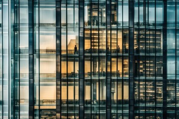 Double exposure of glass building in urban environment, symbolizing global business background filled with digital data visualization representing advanced cyber security.