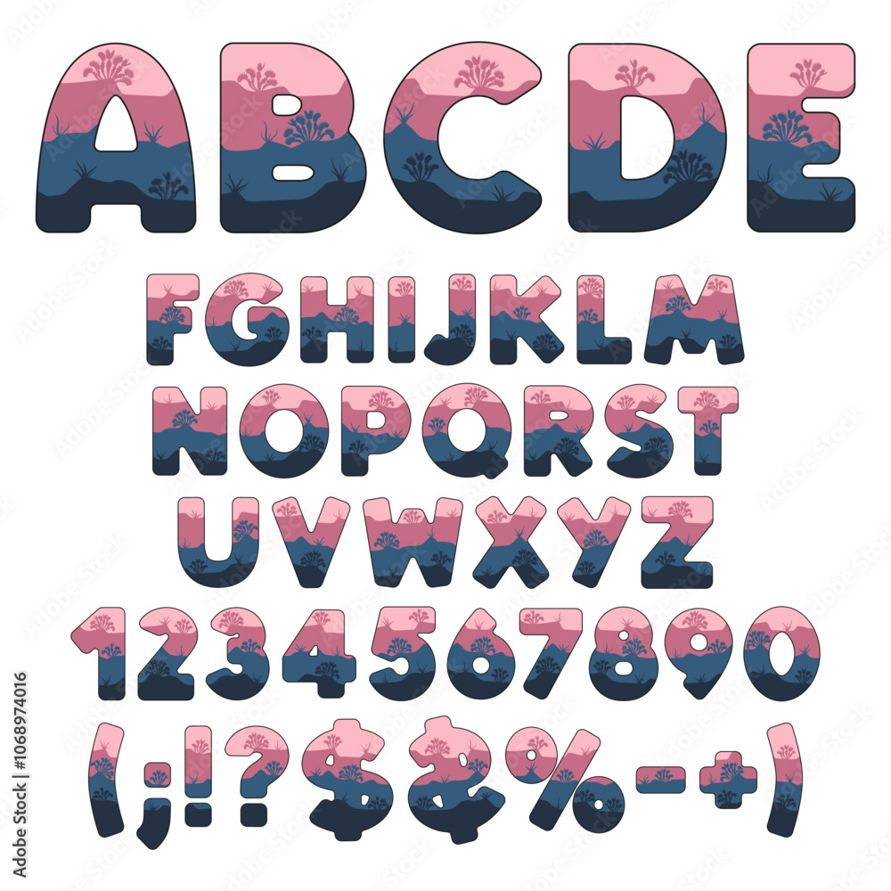 Fototapete font, alphabet, letter, number from layers with venus flytrap and grass. isolated vector objects on 