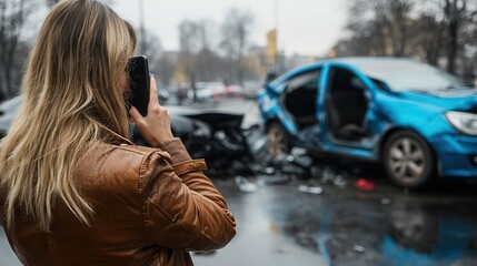 Woman on Phone Near Car Accident Scene