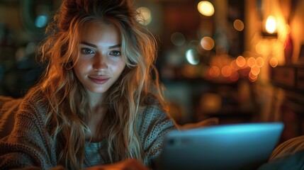 Fototapeta premium Young Woman Using Tablet in Cozy Indoor Setting
