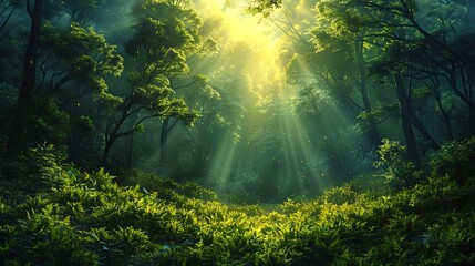 A lush forest with sunlight filtering through the trees, calm and peaceful, promoting nature and sustainability, vibrant greens and natural beauty