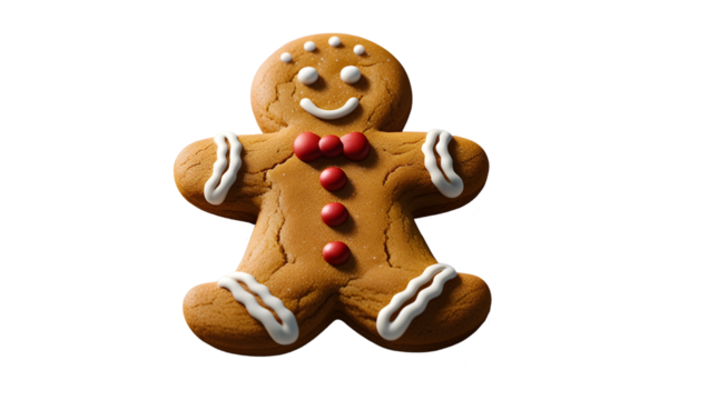 Classic gingerbread man cookie with icing details, featuring a smiling face and festive red buttons on a black background.