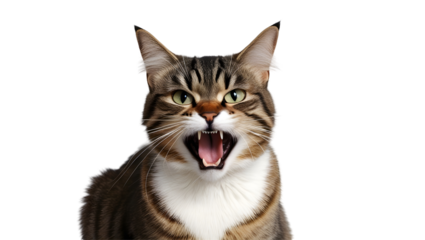 Close-up of a tabby cat with an open mouth, showing sharp teeth and expressive eyes against a black background.