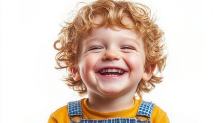 Happy Young Boy Laughing with Curly Hair on White Background
