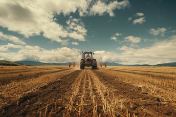 Fototapeta premium Farmer in tractor preparing land with seedbed cultivator as part of pre seeding activities. Neural network ai generated art
