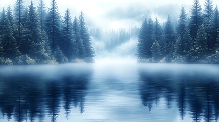 Fototapeta premium A serene, misty lake surrounded by tall evergreen trees, the fog reflecting on the calm surface of the water.