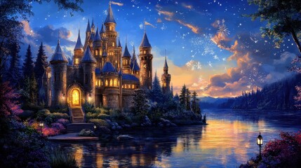 Obraz premium Enchanted Castle Surrounded by Sparkling Night Sky