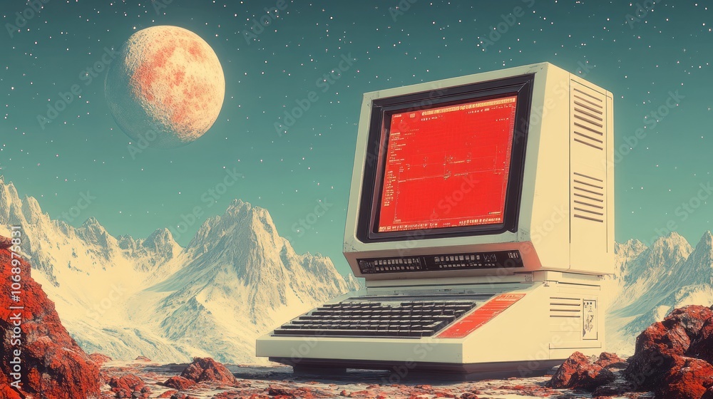 Poster retro computer on a futuristic alien landscape with a red moon in the sky.