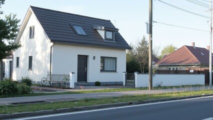 Naklejka premium Modern White House with Black Roof and Solar Panels: Perfect for Eco-Friendly Living