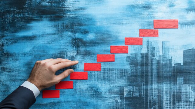 A hand reaches out to touch the first step of a red staircase leading towards a cityscape. The hand symbolizes taking the first step toward success or a new beginning.