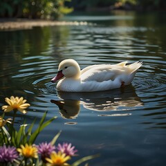 Fototapeta premium white duck swimming in the water