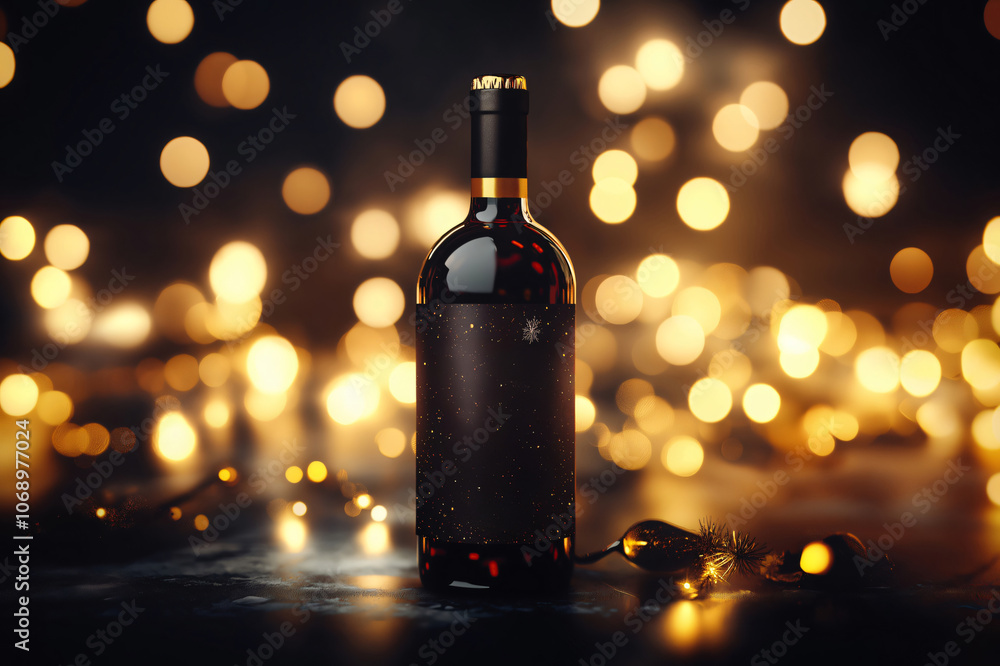 Poster wine bottle standing on a table with christmas lights sparkling in the background