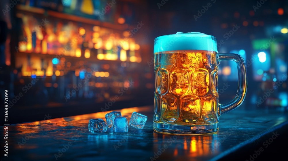 Poster refreshing beer mug on a bar counter
