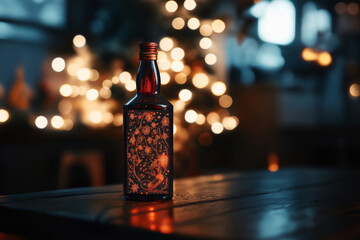 Bottle of liquor with a Christmas label is standing on a table with Christmas lights glowing in the background