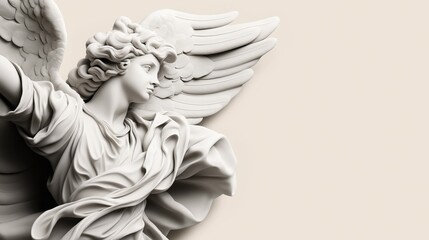 Fototapeta premium Close-up of a classical marble angel sculpture with large wings and detailed flowing robes against a neutral background, emphasizing intricate craftsmanship and serene expression.