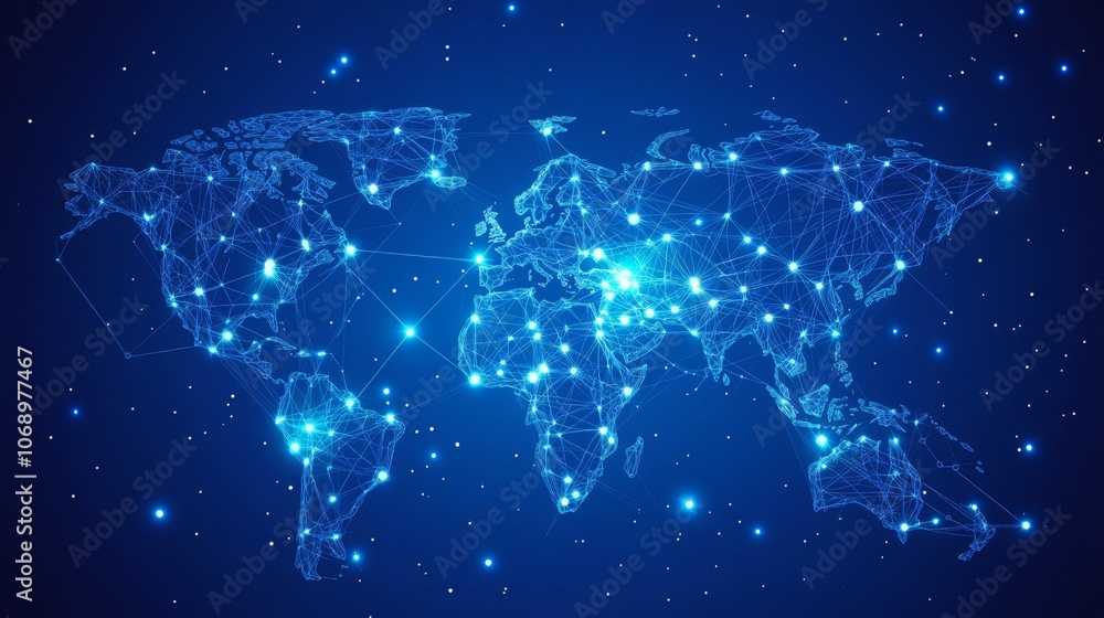 Poster global network map with connected dots and lines