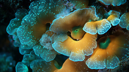 Vibrant Coral Reef, Underwater Macro, Teal and Gold Polyps, Close-up, Ocean