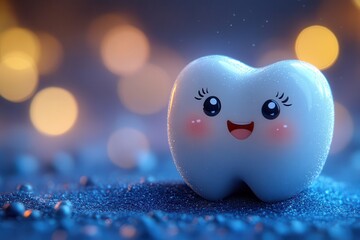 Happy Cartoon Tooth with Sparkles and Bokeh Background