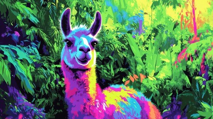 Naklejka premium Colorful Llama in Vibrant Jungle Scene