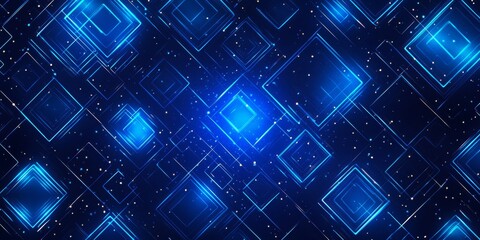 Fototapeta premium A digital grid with neon blue squares and glowing points on a dark blue background, creating a modern tech-inspired seamless pattern