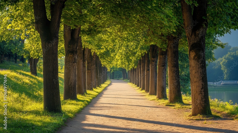 Aufkleber symmetrical alignment of lush trees flanking a serene park pathway, creating a tranquil and inviting