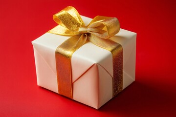 Fototapeta premium Beautiful white gift box tied with a golden ribbon on a red background, perfect for special occasions like Christmas or birthdays