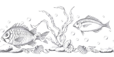 Seamless border with underwater inhabitants, seaweed and shells. Isolated pencil graphic illustration for postcards, textiles, restaurant decoration, invitations to a sea party,