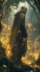 A Viking warrior on a spirit quest in a mystical forest, surrounded by ethereal lights and ancient trees.