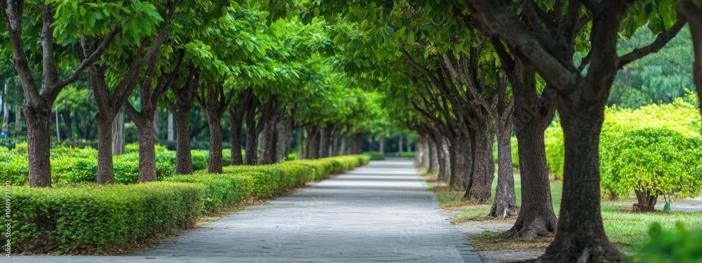 Poster symmetrical tree-lined pathway, uniform trees creating a serene atmosphere, inviting strolls in a pe
