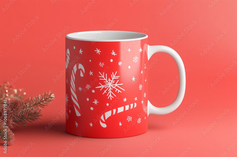 Poster red christmas mug standing on a red background with a candy cane and snowflake pattern, evoking a wa