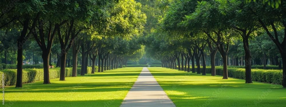 Aufkleber symmetrical tree-lined path, uniform trees creating a serene atmosphere, inviting strolls through na