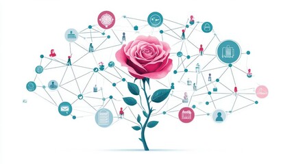 A delicate rose with branches connecting to icons of teamwork and productivity