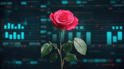 A rose artwork against a background of business analytics screens