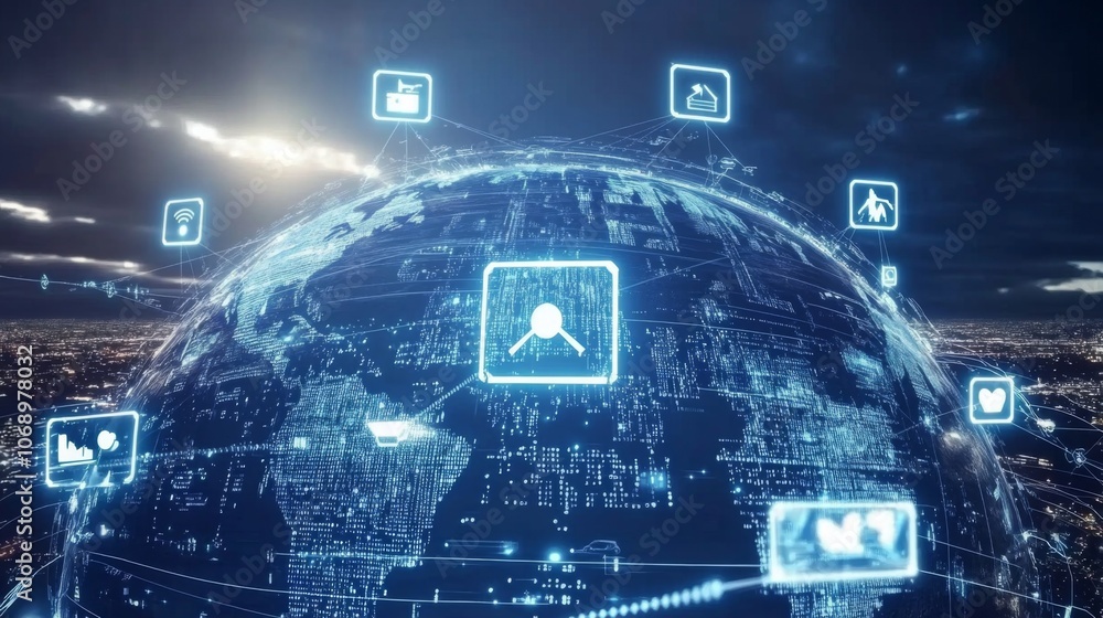 Poster digital globe with network connections and icons
