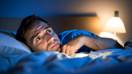 Man lying in bed with wide-open eyes, showing deep concern and fatigue, unable to sleep in dimly lit room with soft glow from nightstand lamp.