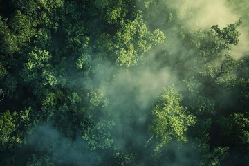 Fototapeta premium Capture aérienne d'une forêt brumeuse à l'aube..