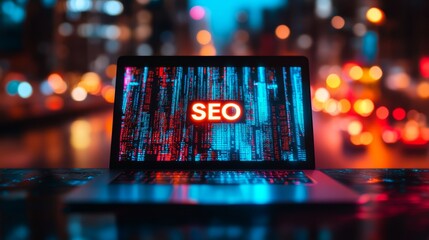 laptop displaying seo text on screen in dark room with colorful bokeh lights, digital marketing concept