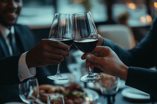 Business people toasting with glasses of red wine during a business dinner, celebrating success and partnership - Powered by Adobe