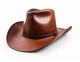 Classic brown leather cowboy hat in western style, isolated on a clean white background, ideal for vintage or outdoor fashion photography