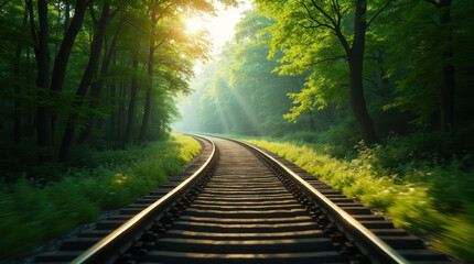 Obraz premium Peaceful railway tracks winding through a sunlit green forest in the morning