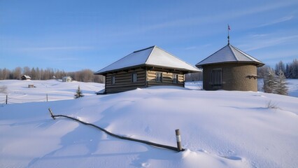 Serene Winter Landscape with Cozy Cabin and Gazebo, Perfect for Calm and Relaxation