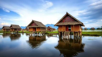 Fototapeta premium Serene Overwater Bungalows: Tropical Paradise Retreat, Perfect for Relaxation and Vacation