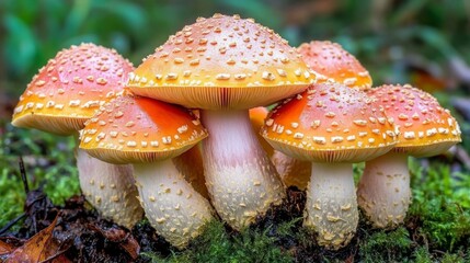 Fototapeta premium Vibrant Mushrooms in Lush Green Environment