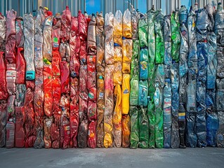 Fototapeta premium Large transparent boxes showing colorful plastic bottles for recycling. AI generated