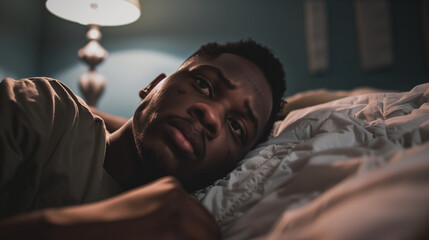 Man lying in bed with wide-open eyes, showing deep concern and fatigue, unable to sleep in dimly lit room with soft glow from nightstand lamp.