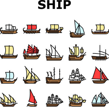 ancient ship maritime vessel icons set vector. navigation exploration, trade archaeology, discovery seafaring, shipwreck galleon ancient ship maritime vessel color line illustrations