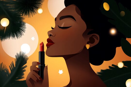 A cute 2D illustration of a person sitting in front of a vanity table, applying lipstick as part of a GRWM routine on a white background